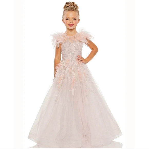 Mac Duggal Girls 4 Feather Sleeve Glitter Tulle silver Rose Pink 20590 Dress